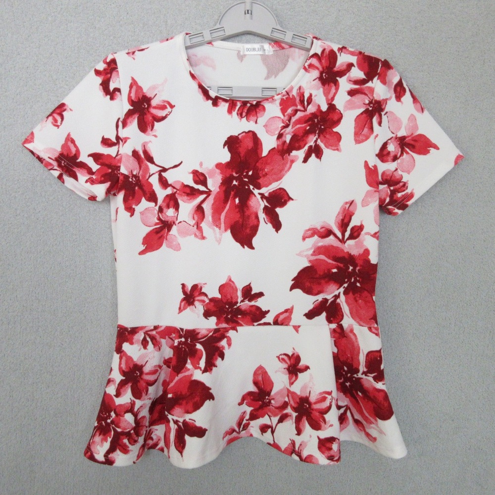 DOUBLJU‎ Womens Blouse White Red Floral Peplum Top Tunic Short Sleeve Size L